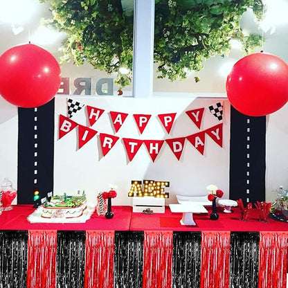 4 Pack 29x108 Inch Metallic Foil Fringe Tinsel Table Skirts for Rectangle Tables Streamer Backdrop for Wedding, Birthday, Parade Floats, Christmas, Halloween Party Decoration(Black Red)