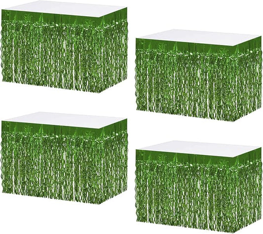 4P Wavy Metallic Tinsel Foil Fringe Table Skirts for Rectangle Tables Backdrop Garland Curtains for Parade Floats Wedding Birthday Parties Decoration Graduation 2025 Christmas (Light Green)