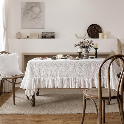 patdrea Vintage Ruffle Tablecloth for Square Tables,Farmhouse Embroidered Cotton White Lace Table Cloth Cover Decor for Dining Room Wedding Banquet Thanksgiving Christmas,51"*51"