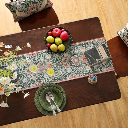 ISAENNE Designer French Green Elegant Linen Table Runner 102 Inches Long,Colorful Flower Pattern Soft Table Runners for Dining Tables,Thanksgiving,Kitchen Tables,Christmas,12"*102"-Naples B