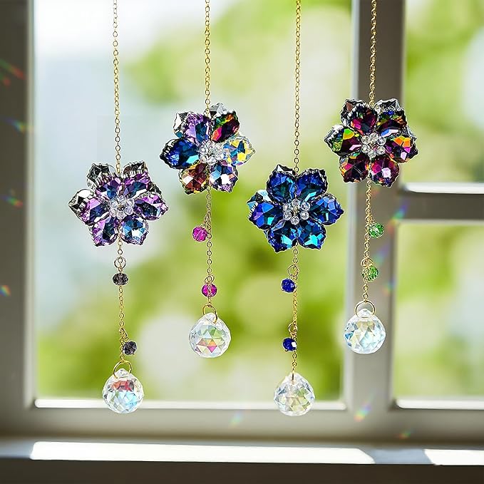 HDCRYSTALGIFTS 4pcs Crystal Flower Suncatchers for Window Hanging Ornaments, Rainbow Maker Crystal Sun Catchers Indoor Window Outdoor Patio Garden Decor Gifts (Multicolor)