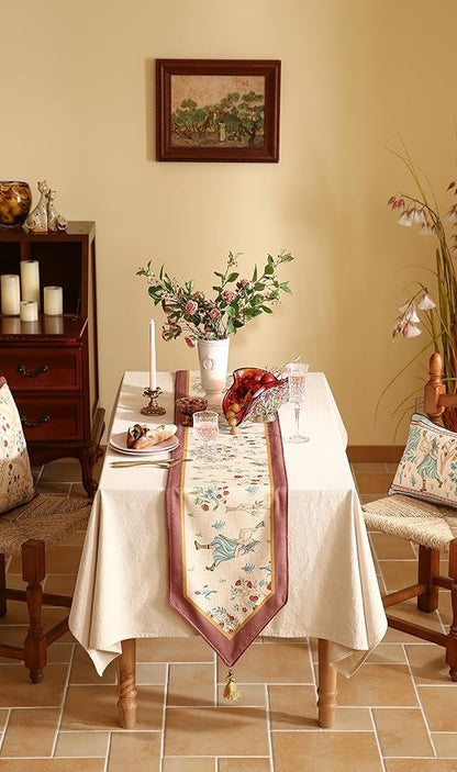 patdrea Designer Idyll Linen Table Runner, Vintage Beige Farmhouse with Ancient Spring Figure and Fruit Trees Pattern Table Mat, Decoration for Kitchen Dining Banquet Christmas ,12"*71"