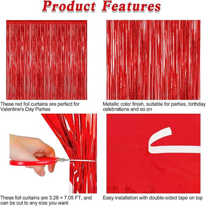 4 Pack Red Backdrop, 3.28 FT x 7.05 FT Party Streamer, Metallic Birthday Tinsel Backdrop Foil Fringe Curtains, Door Streamer for Red Party Decorations Casino Decor Photo Booth Props
