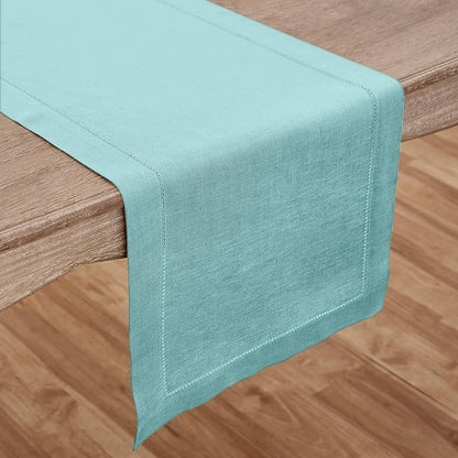 Solino Home Linen Aqua Blue Table Runner 120 Inches Long - 100% Pure Linen Hemstitch 14 x 120 Inch Table Runner for Dining - Classic Hemstitch