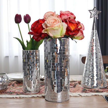 WDHODEC Disco Vase for Flowers 2 PCS Glass Mirror Vases for Living Room, Dining Room Centerpieces, Wedding Office Decorative Display Fresh Flowers, Candles, Or Seasonal Decorations