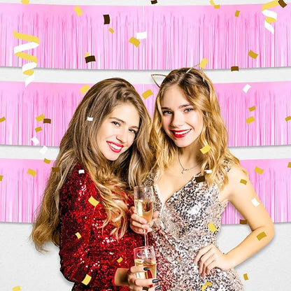 4 Pack 10 Feet Macaron Pink Foil Fringe Garland Metallic Tinsel Streamers Banner Wall Hanging Curtain Backdrop for Parade Floats, Wedding, Graduate, Mother's Day, Birthday Party Decoration