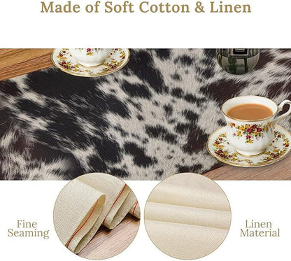 Cow Print Table Runner, Country Farm Animal Fur Skin Pattern Western Style Black Brown Cowhide Print Dinner Runner for Home Kitchen Dining Home Setting, 13x70 Inch