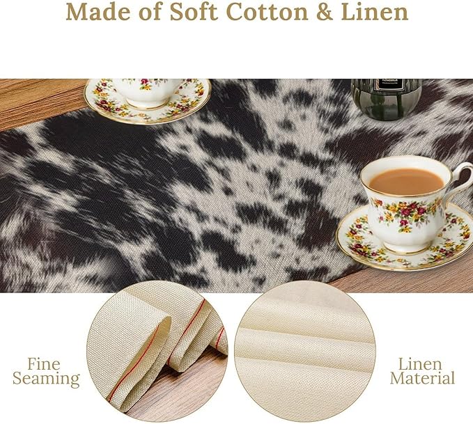Cow Print Table Runner, Country Farm Animal Fur Skin Pattern Western Style Black Brown Cowhide Print Dinner Runner for Home Kitchen Dining Home Setting, 13x108 Inch
