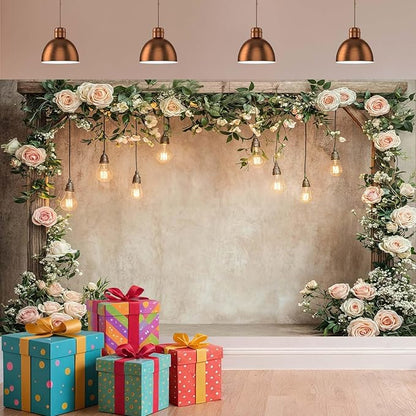 15x10ft Country Wedding Photography Backdrop Floral Rustic Roses Farmhouse Wooden Door Backdrop Pink Flower Birthday Baby Shower Wedding Bridal Party Banner Photo Booth Props Anniversary Background