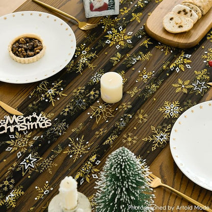 Artoid Mode Black Gold Snowflakes Christmas Gauze Table Runner 120 Inch 10FT, Winter Seasonal Sheer Dining Holiday Wedding Table Decor for Home Party