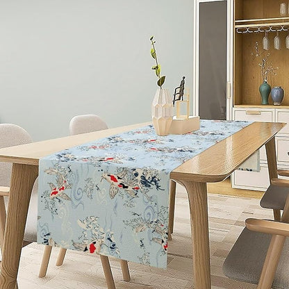 Kio Fish Table Runner Waves Retro Japanese Tradition Art Printed Burlap Runner Home Kitchen Dining Table Living Room Decor Fabric 1 Panel W13xL90in