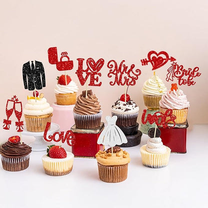 Ephlyn 30Pcs Bride to be Cupcake Toppers Glitter Wedding Cake Topper Decorations I Do Love Heart Ring Cupcake Picks for Bridal Shower Wedding Engagement Party Supplies Red