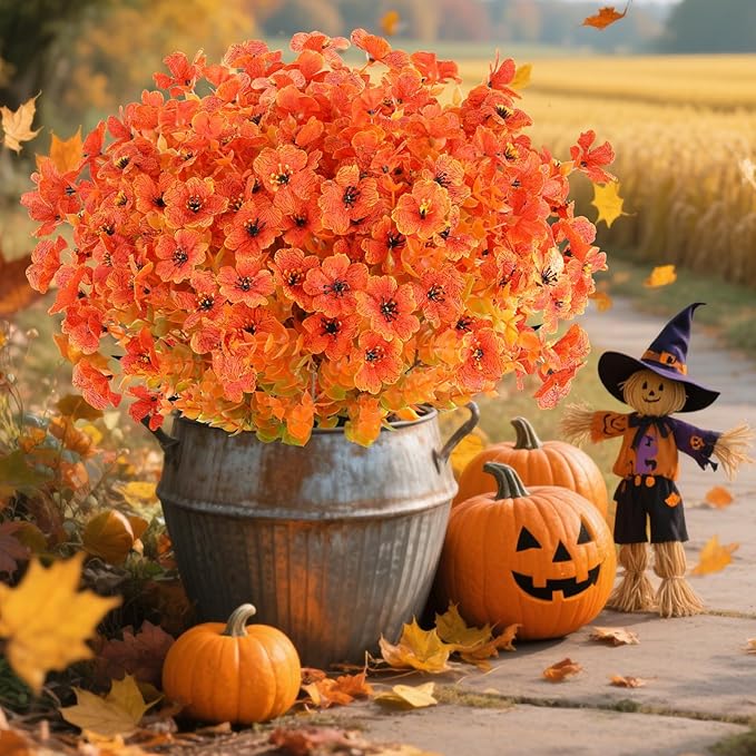 AmyHomie 16 Bundles Orange Artificial Fall Flowers for Outdoors Fall Decor UV Resistant Fake Mums Flowers No Fade Fake Plastic Plants Garden Porch Window Box Decorating