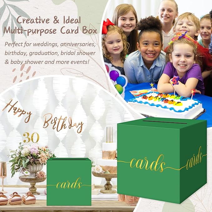 QIKSION Green Graduation Card Box, Gold Foil Gift Card Box for Graduation, Party, Wedding Reception, Birthday, Baby Shower, Raffle