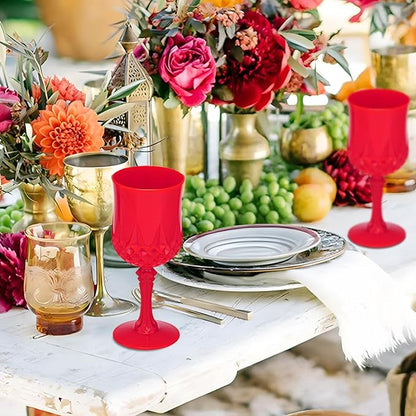 JLYLOL Plastic Vintage Wine Glasses 7OZ Plastic Goblets Vintage Drinking Glasses 24PCS Retro Wedding Glassware Water Goblets Reusable Drinking Cups for Party,Reception,Celebration,Bar,Whiskey(Red)