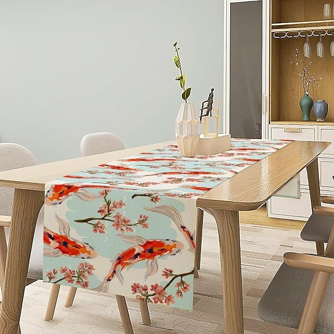 Japanese Kio Fish Table Runner Cherry Flower Art Printed Burlap Runner Home Kitchen Dining Table Living Room Decor Fabric 1 Panel W13xL120in