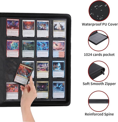 Snekdy premium 1024-pocket trading card binder, 16-pocket cards album, waterproof PU-leather Cover album with side loading, holds gaming, baseball, basketball & sports cards (Black)