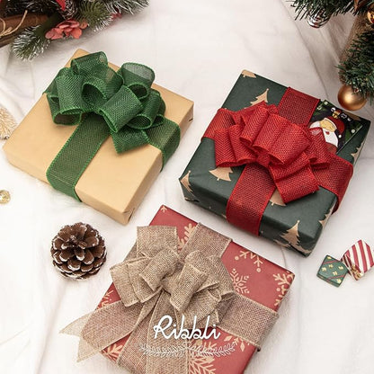 Ribbli Red Burlap Wired Ribbon,1-1/2 Inch x 10 Yard,Wired Edge Ribbon for Big Bow,Wreath,Tree Decoration,Outdoor Decoration