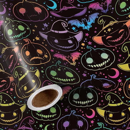 LeZakaa Halloween Pumpkin Wrapping Paper Roll, Neon Pumpkin Witch Hat Bat Pattern in Black, Glow-Like Gothic Kawaii Style Gift Wrap for Spooky Party & Candy Bags, Mini Roll 17 in x 16.4 Ft