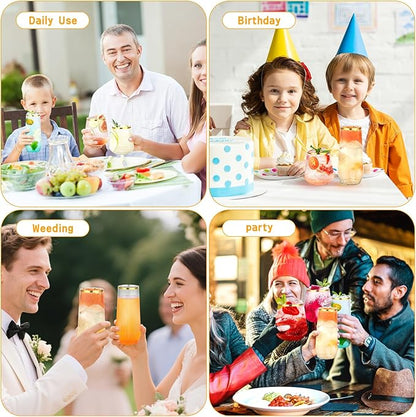 mwellewm 48 Pcs Plastic Wine Glasses Disposable, Cocktail Glasses Set 9 OZ Stemless Champagne Flutes 12 OZ Ribbed Origami Ripple Reusable Party Cup for Wedding Home Office Bar Drinking(Gold Rim)