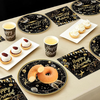40pcs Happy Retirement Party Supplies Decorations Set, Black Gold Happy Retirement Plates and Napkins for Men and Women, Suitable for 20 Guests