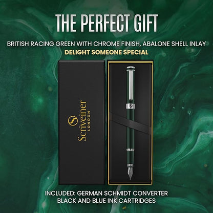Scriveiner British Racing Green Fountain Pen - Stunning Luxury Pen with Chrome Finish, Schmidt Nib (Medium), Best Pen Gift Set for Men & Women, Professional, Executive, Office, Nice Pens