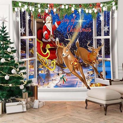 QGHOT Christmas Window Tapestry Wall Hanging Christmas Backdrop Xmas Winter Window Wall Decor Santa Claus Tapestries for Bedroom Living Room Dorm Holiday Party Decoration, Large