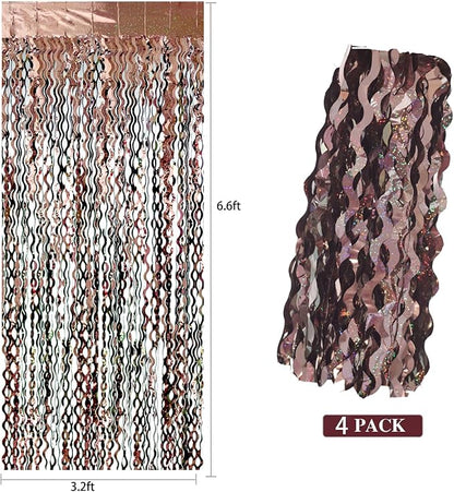 4Pcs Brown Metallic Wavy Tinsel Curtains - 3.3x6.6 ft Foil Curtain Backdrop for Birthday Party, Halloween Decor