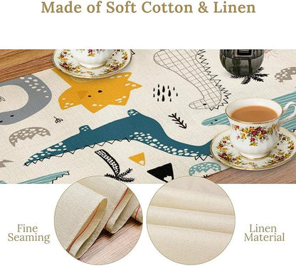 Cartoon Dinosaur Table Runner,Kids Boys Cute Various Dino Moutain Modern Abstract Print Tablecloth Burlap for Hotel Indoors Outdoor Dining Room Kitchen Holiday Party, 13x108in