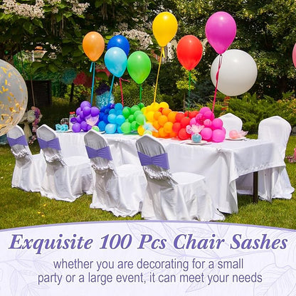 Moukeren 100 Pcs Spandex Chair Sashes Bows Bands Slider Sashes for Chair Covers Elastic Bands Ties Ribbon Decorations for Wedding Party Events Ceremony Birthday Banquet(Lavender Purple)