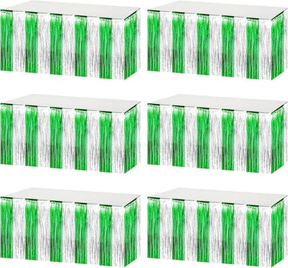 6 Pack 29x108 Inch Silver Green Metallic Foil Fringe Tinsel Table Skirts for Rectangle Tables Streamer Curtains Backdrop for Birthday, Parade Floats, Mardi Gras, St Patrick Day Party Decoration