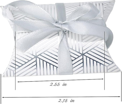 Aokbean 100 Pack Mini Pillow Candy Box Small Gift Boxes with 50 Yards Ribbon for Christmas Wedding Party Favor Gift, Jewelry or Soap Packaging (Silver Stripes)