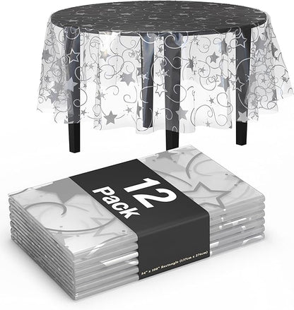 Exquisite Clear Silver Star Tablecloth Plastic 12-Pack Disposable Round Tablecloths 84" Silver Star Table Cloths Round Table Covers Plastic Tablecloth for Party Decorations