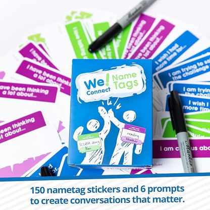 We! Connect Name Tag Stickers (150 PCS) - Easy-to-Write Name Stickers with Conversation Starters - Ideal for Networking, Ice Breakers & Adult Educational Team Building Games - Self-Adhesive Tags