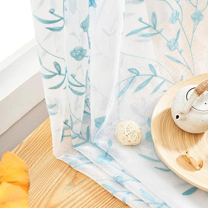 White Embroidery Sheer Curtains White-Blue 95 Inches, Floral Window Treatments Rod Pocket Drapes for Living room, Bedroom, Semi Voile Curtain Panels for Yard, Patio, Villa, Parlor, Set of 2, 52"x 95".