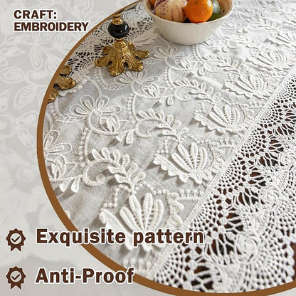 White Elegant Vintage Lace Table Runner,Wedding Lace Decor with Floral Embroidery,Tea Party Decor (White, 13.8X86 Inches)