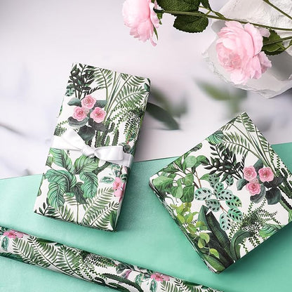 WRAPAHOLIC Kraft Wrapping Paper - Mini Roll - 17 Inch x 16.5 Feet - Green Plant Wrapping Paper for Wedding, Birthday, Bridal Shower, Tea Party, Drawer Liners, Home Closet Shelves
