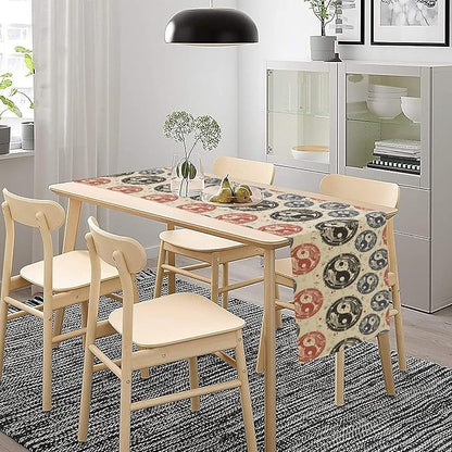 Yin Yang Table Runner, Vintage Mid Century Traditional Oriental Koi Fish Mystical Celestial Moon Stars Print Table Runner for Kitchen Dining Table Party Decor, 13x60inch