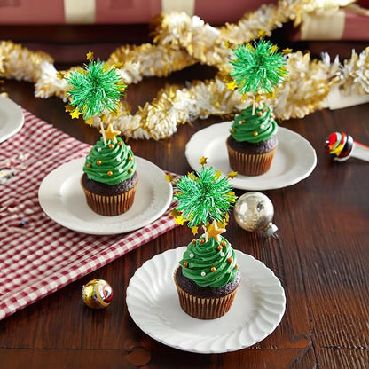 Ephlyn 30Pcs Foil Firework Cupcake Toppers Happy Birthday Cake Toppers Tinsel Flower Drink Stirrers Cocktail Food Fruit Toothpicks for Valentine's Day Party Decorations Green