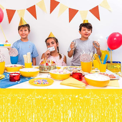 4P Wavy Metallic Tinsel Foil Fringe Table Skirts for Rectangle Tables Backdrop Garland Curtains for Parade Floats Wedding Birthday Parties Decoration Graduation 2025 Christmas (Makaron Yellow)