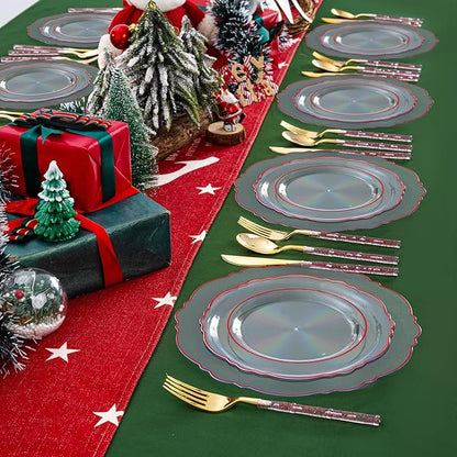 Liacere 150PCS Clear and Red Plastic Plates-Clear Red Disposable Plates with Glitter Bamboo Handle Cutlery-60 Baroque Elegant Plates,30 Forks,30 Spoons,30 Knives for Wedding&Mother's Day