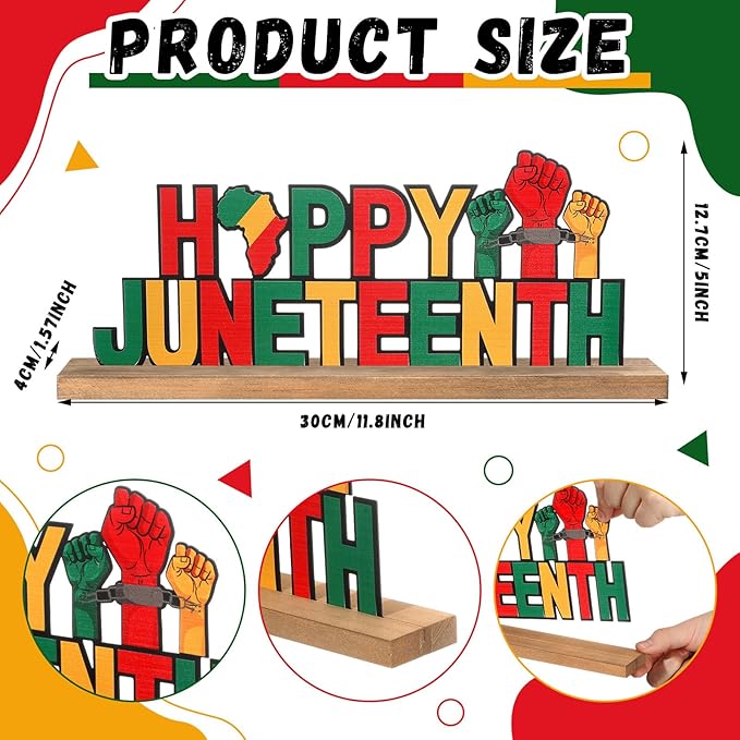 Happy Juneteenth Metal Sign Rustic Table Decor Holiday Tiered Tray Decor with Wooden Base Freestanding Metal Word Sign for Home Tabletop Centerpiece Mantel Shelf Fireplace