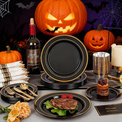 350 Pieces Black and Gold Plastic Plates with Disposable Silverware, Include 50 Dinner Plates 9”, 50 Dessert Plates 6.3”, 50 Black Cups 9 OZ, 50 Pre Rolled Napkins for Halloween new year