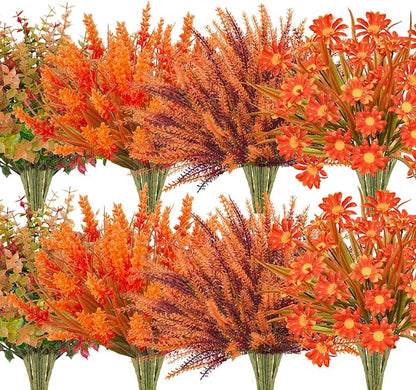 64 Pcs Outdoor Fall Flowers UV Resistant Faux Fall Plants with Fall Daisy Eucalyptus Lavender Artificial Autumn Flowers Greenery for Outside Home Porch Patio Thanksgiving Decoration