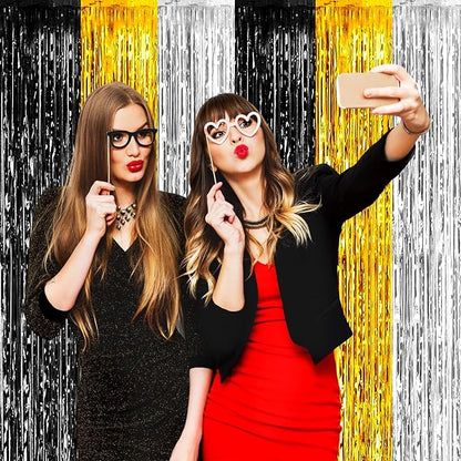 4 Pack Black Gold Silver Foil Fringe Curtain Backdrop, 3.28Ft x 8.2Ft Metallic Tinsel Foil Fringe Streamers for Photo Booth, Wedding, Notorious One Birthday Roaring 20s Graduation Party Decoration