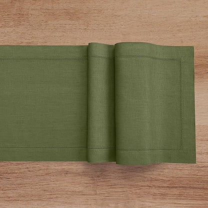 Solino Home Linen Olive Table Runner 144 Inches Long - 100% Pure Linen Extra Long Table Runner 14 x 144 Inch for Fall, Autumn, Thanksgiving - Classic Hemstitch