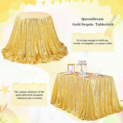 QueenDream Sequin Tablecloth - Gold Tablecloth 50x80 Inch Glitter Table Cloth Sequin Party Fabric for Birthday Birdal Baby Shower Wedding