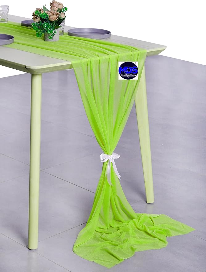 MDS 2 Pack 14ft Chiffon Table Runner 29 x 170 Inches Sheer Wedding Runner Romantic Rustic Table Runner for Wedding Decorations, Birthday Parties, Bridal Shower Party Arch Decor - Parrot Green