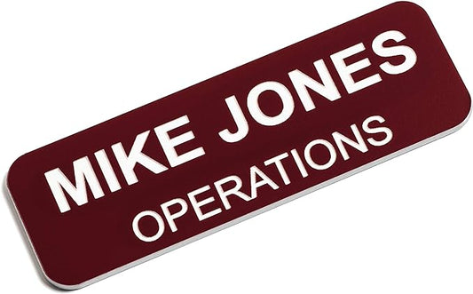 Custom Engraved Name Tag Badges – Personalized Identification with Pin or Magnetic Backing, 1 Inch x 3 Inches, Claret/White
