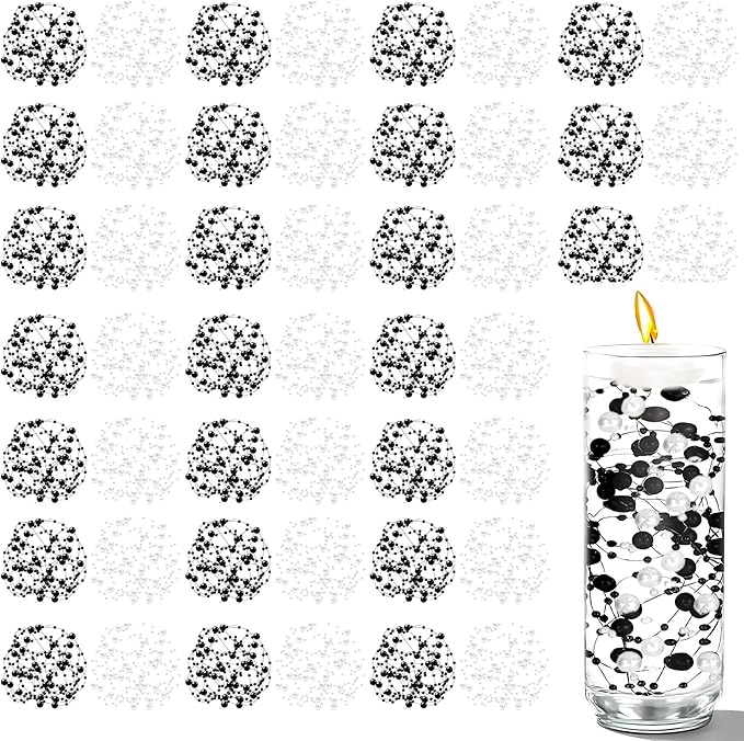 50 PCS Artificial Floating Beads for Centerpieces Vases, Black&White 8+3mm String Beads for Wedding Party Faux Pearl String for Decorating, String Pearls for Crafts Vase Filler